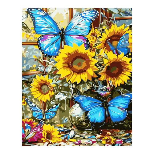 Blue Butterflies and Sunflowers completed artwork on a clean white background