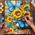 Complete Blue Butterflies and Sunflowers numbered canvas being painted with acrylic paints and brushes