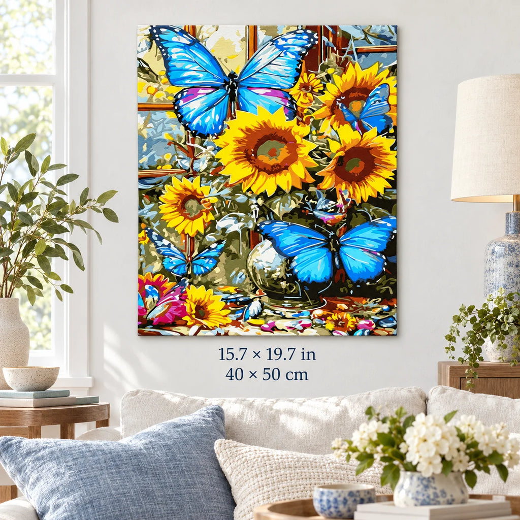 Blue Butterflies and Sunflowers shown in a styled room with 15.7 × 19.7 in and 40 × 50 cm dimensions