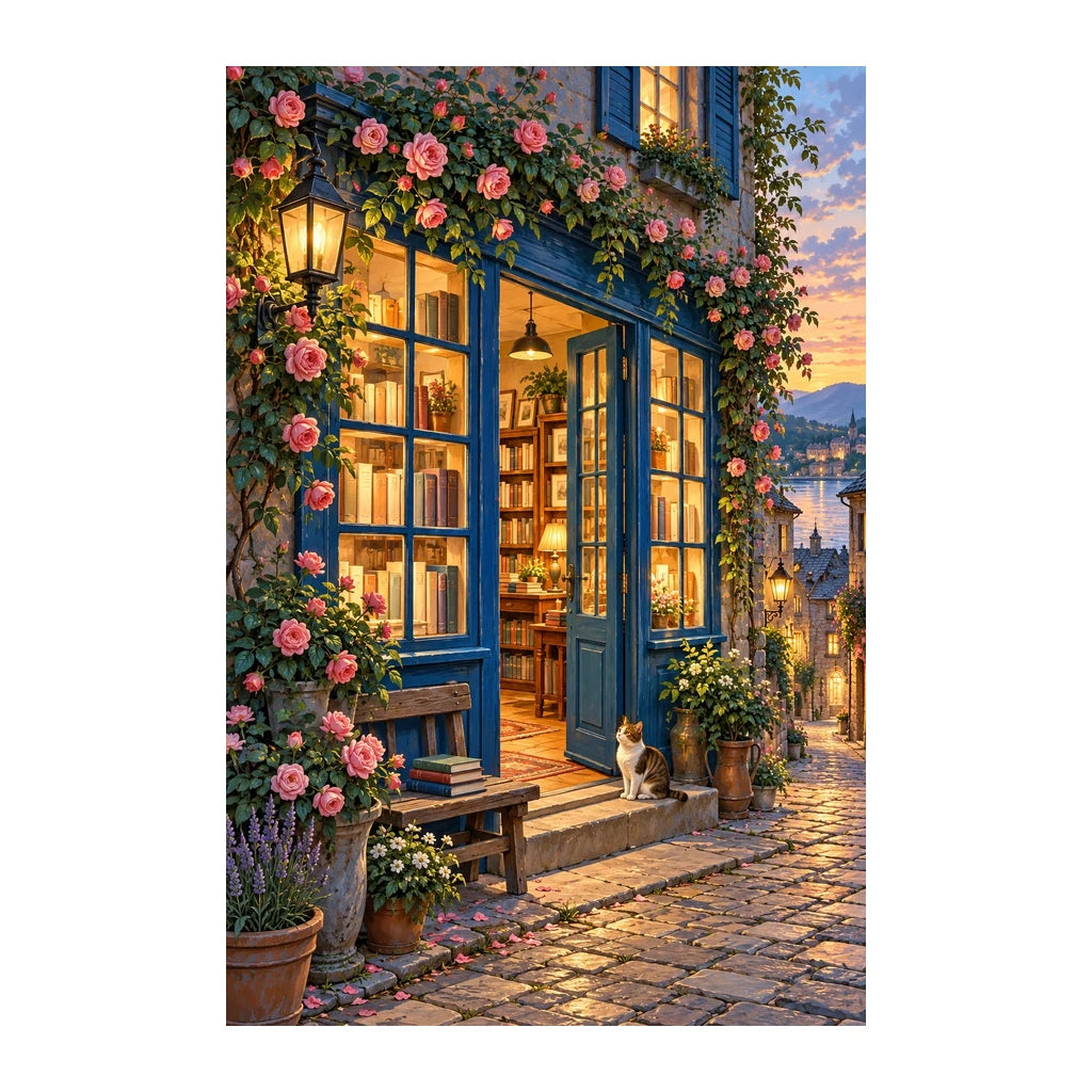 Original white-background artwork of a blue bookshop storefront with glowing windows and climbing roses.