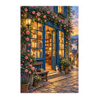 Original white-background artwork of a blue bookshop storefront with glowing windows and climbing roses.