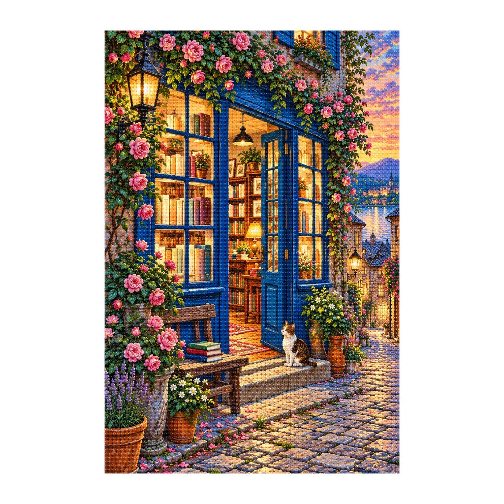 Finished diamond painting of a blue bookshop doorway, colorful shelves, roses, and cobblestones on a white background.