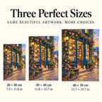 Blue Door Bookshop design shown in 20 × 30 cm, 30 × 40 cm, and 40 × 50 cm sizes.