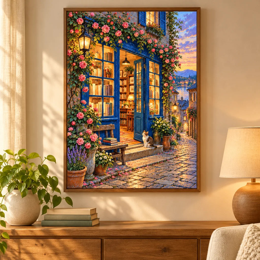 Framed Blue Door Bookshop diamond painting displayed in a cozy reading room.