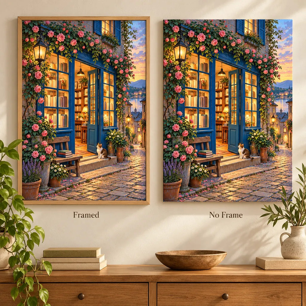 Framed and no-frame Blue Door Bookshop diamond painting styles compared.