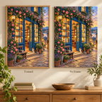 Framed and no-frame Blue Door Bookshop diamond painting styles compared.