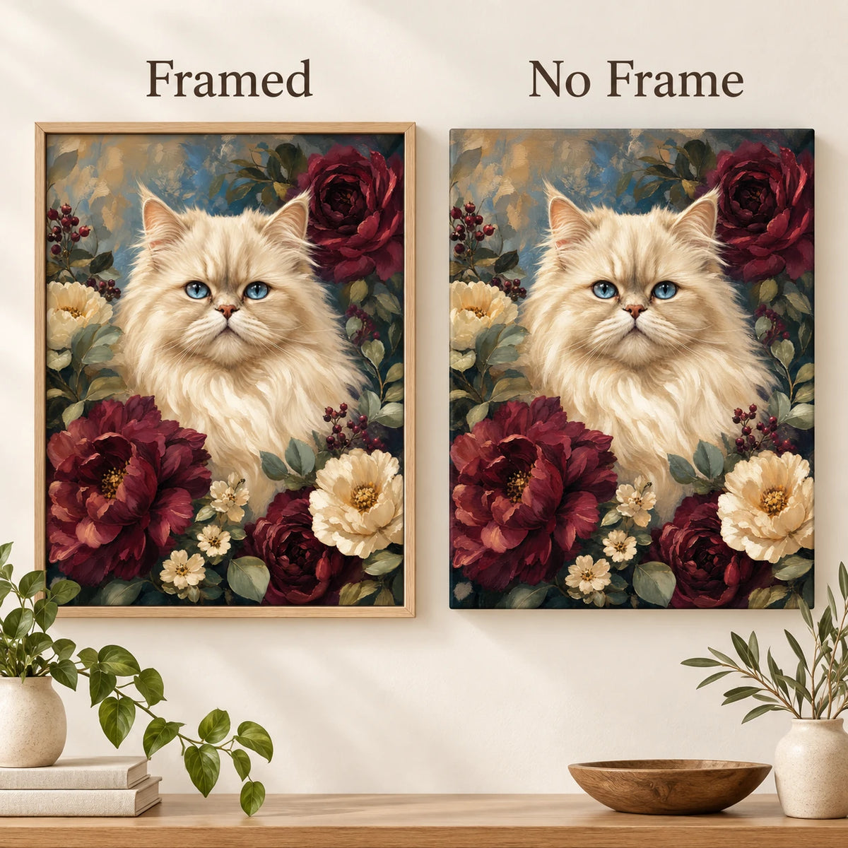 Framed and no-frame comparison for Blue Eyed Majesty Diamond Painting Kit