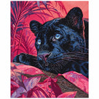 Finished diamond painting showing a blue-eyed black panther surrounded by magenta foliage.