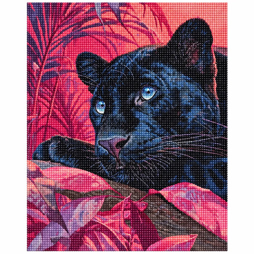 Finished diamond painting showing a blue-eyed black panther surrounded by magenta foliage.