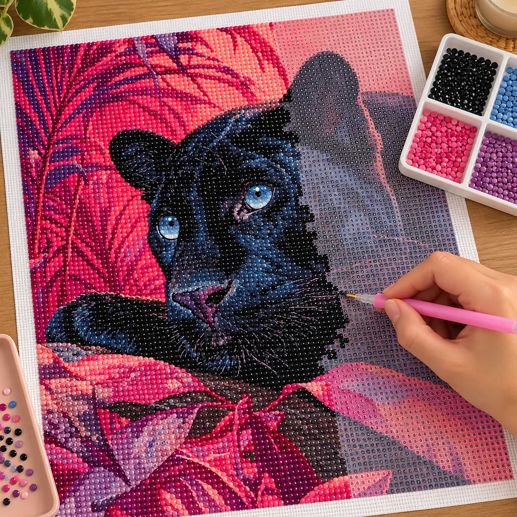Hands applying drills to a canvas with a blue-eyed black panther surrounded by magenta foliage.