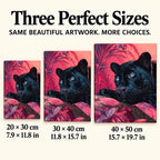 Size guide for Blue-Eyed Panther in Magenta Foliage Diamond Painting Kit: 20 × 30 cm, 30 × 40 cm, and 40 × 50 cm.