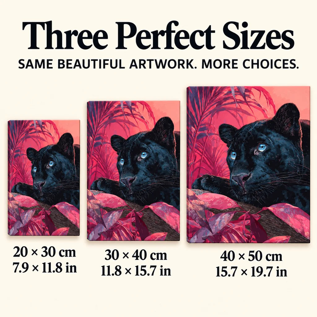 Size guide for Blue-Eyed Panther in Magenta Foliage Diamond Painting Kit: 20 × 30 cm, 30 × 40 cm, and 40 × 50 cm.