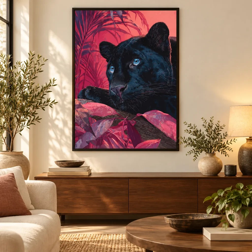 Framed home decor scene featuring a diamond painting of a blue-eyed black panther surrounded by magenta foliage displayed on a wall.
