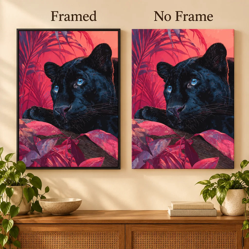 Framed and no-frame comparison for Blue-Eyed Panther in Magenta Foliage Diamond Painting Kit.