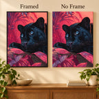 Framed and no-frame comparison for Blue-Eyed Panther in Magenta Foliage Diamond Painting Kit.