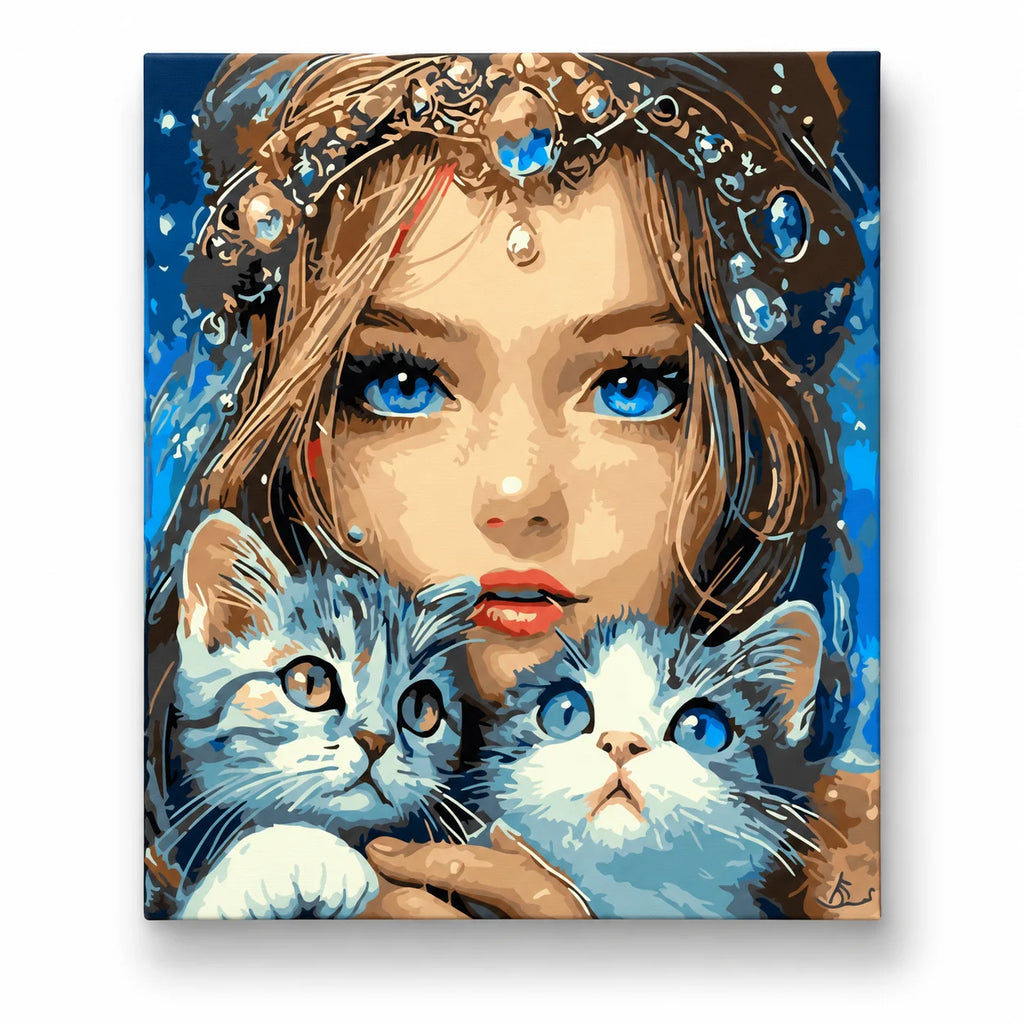 Blue-Eyed Woman with Two Kittens paint by numbers artwork on a front-facing canvas against a white background