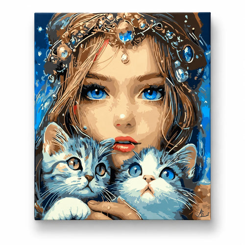Blue-Eyed Woman with Two Kittens paint by numbers artwork on a front-facing canvas against a white background