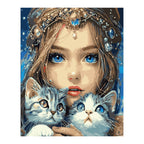 Blue-Eyed Woman with Two Kittens completed artwork on a clean white background