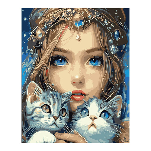 Blue-Eyed Woman with Two Kittens completed artwork on a clean white background