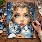Complete Blue-Eyed Woman with Two Kittens numbered canvas being painted with acrylic paints and brushes