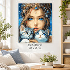 Blue-Eyed Woman with Two Kittens shown in a styled room with 15.7 × 19.7 in and 40 × 50 cm dimensions
