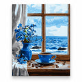 Blue Flowers and Coffee by the Ocean Window paint by numbers artwork on a front-facing canvas against a white background
