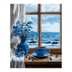 Blue Flowers and Coffee by the Ocean Window completed artwork on a clean white background