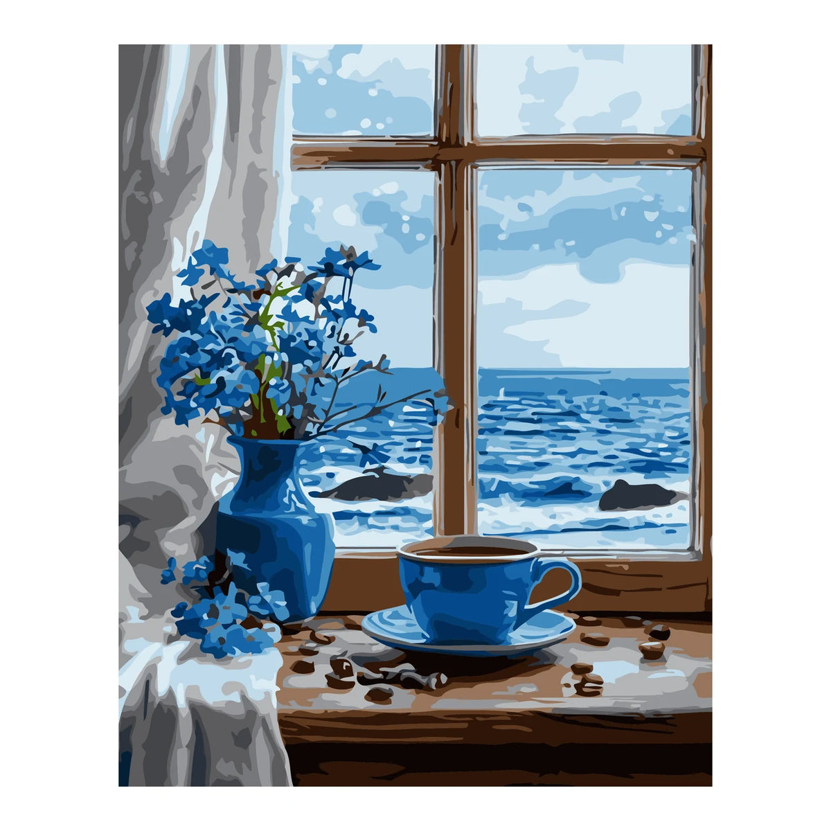Blue Flowers and Coffee by the Ocean Window completed artwork on a clean white background