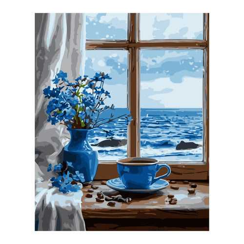 Blue Flowers and Coffee by the Ocean Window completed artwork on a clean white background