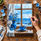 Complete Blue Flowers and Coffee by the Ocean Window numbered canvas being painted with acrylic paints and brushes