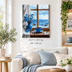 Blue Flowers and Coffee by the Ocean Window shown in a styled room with 15.7 × 19.7 in and 40 × 50 cm dimensions