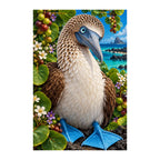 White-background original artwork of a blue-footed booby seabird with bright blue feet beside tropical coastal foliage