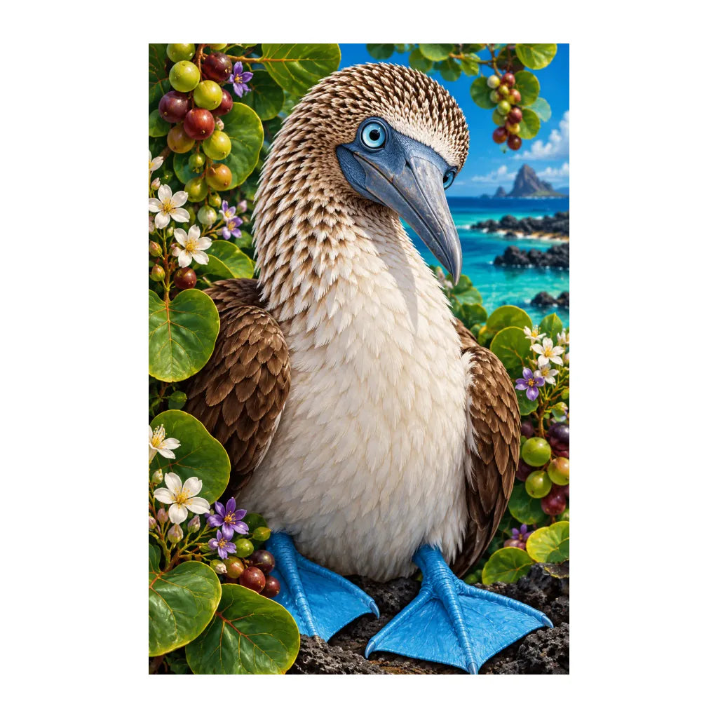White-background original artwork of a blue-footed booby seabird with bright blue feet beside tropical coastal foliage
