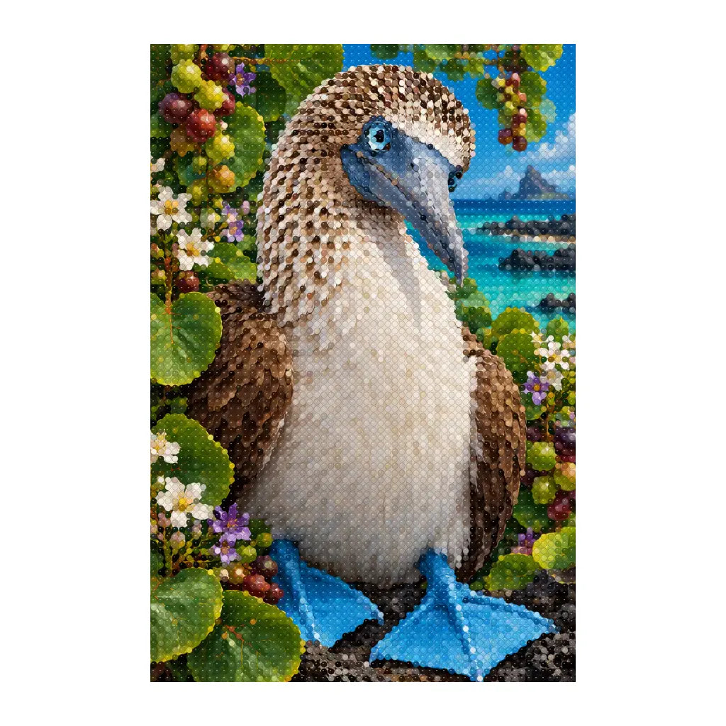 White-background finished diamond painting of a blue-footed booby with blue feet near turquoise water