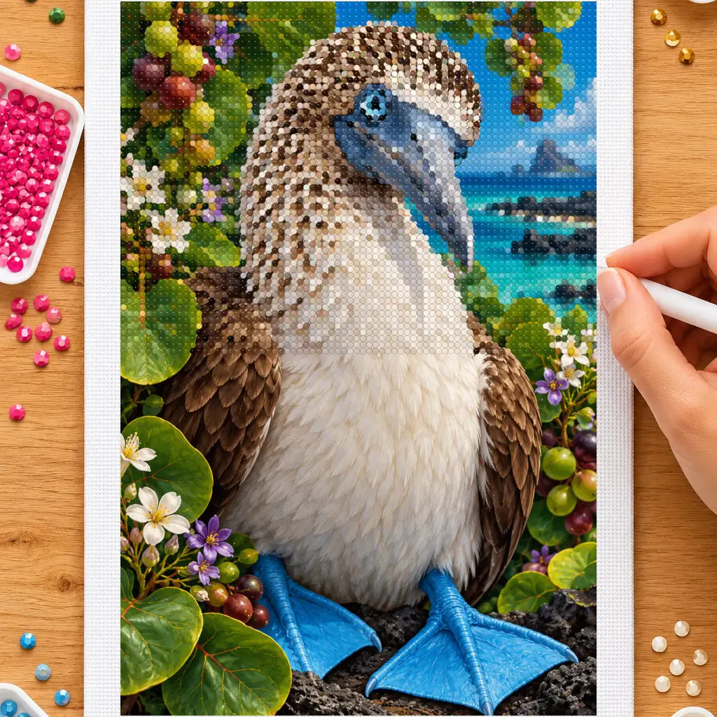 Hands placing drills on the blue-footed booby diamond painting canvas