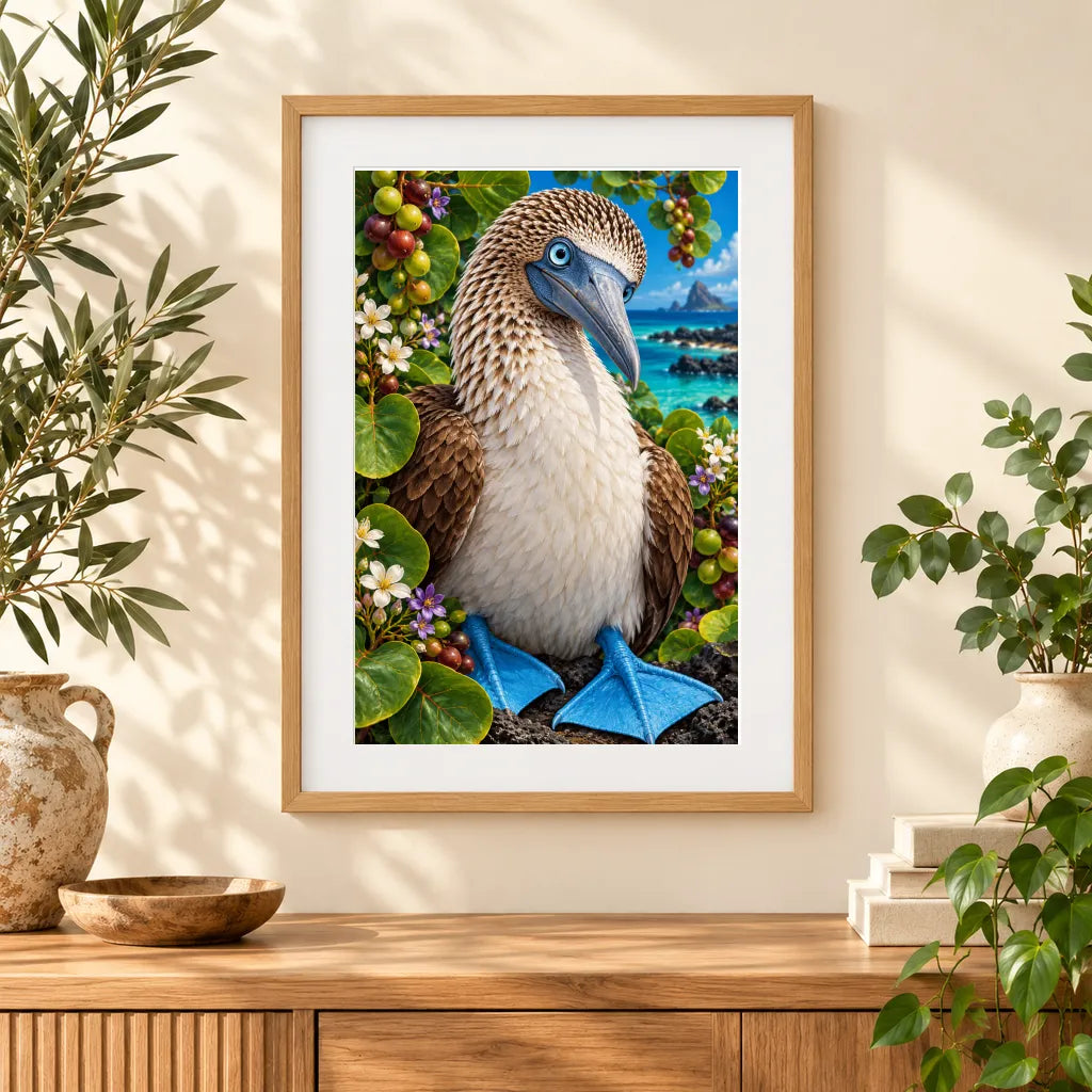 Framed home display of the blue-footed booby coastal diamond painting