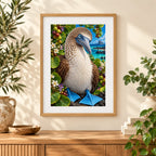 Framed home display of the blue-footed booby coastal diamond painting