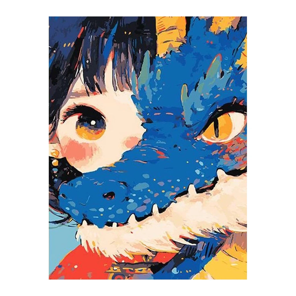 White-background original artwork of a blue-haired girl beside a vivid blue dog