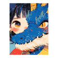 White-background original artwork of a blue-haired girl beside a vivid blue dog