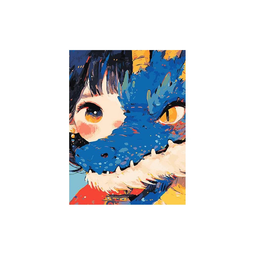 White-background original artwork of a blue-haired girl beside a vivid blue dog