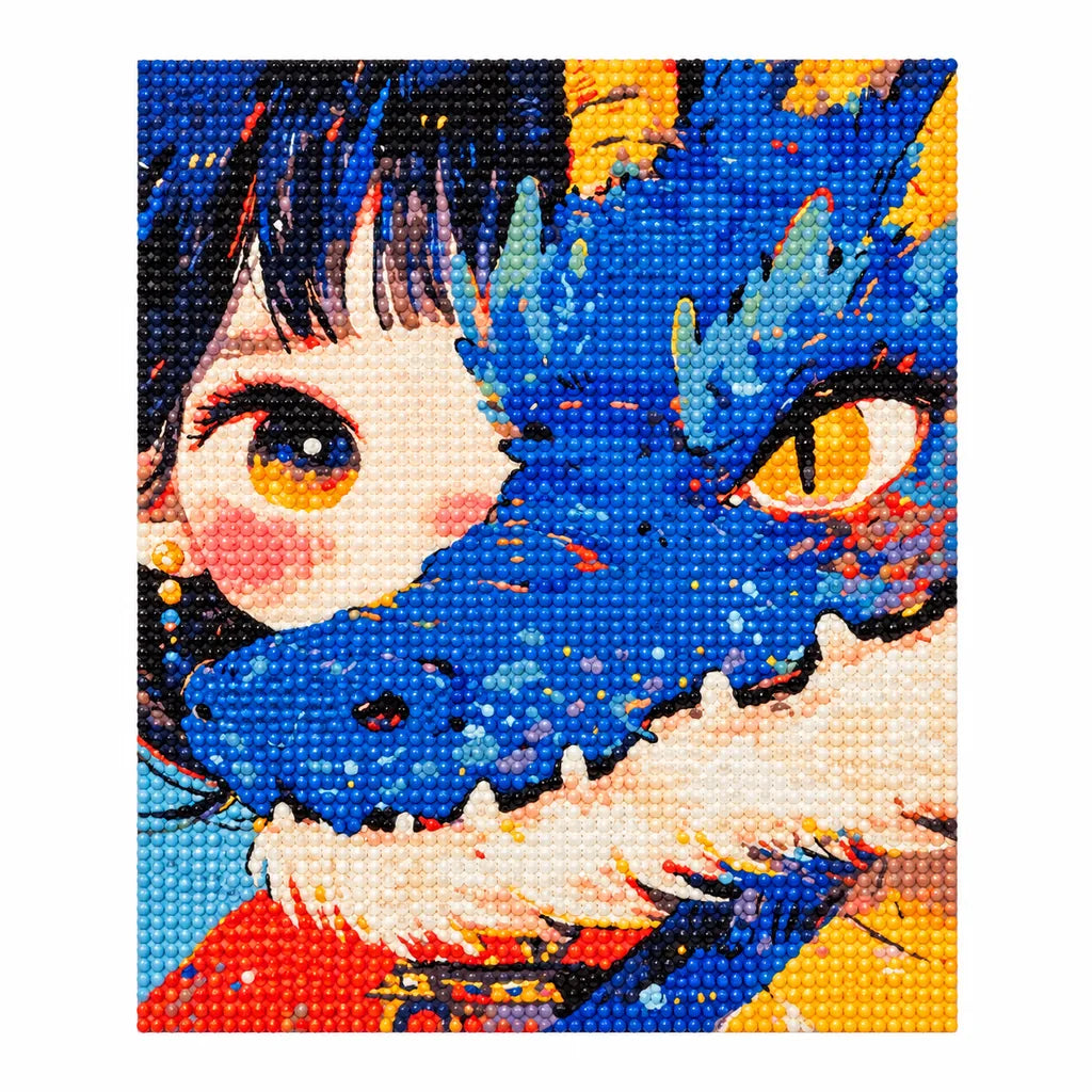 White-background finished diamond painting of a blue-haired girl and blue dog