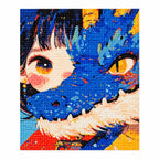 White-background finished diamond painting of a blue-haired girl and blue dog
