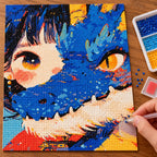 Diamond painting process showing a girl and dog portrait being completed with a stylus