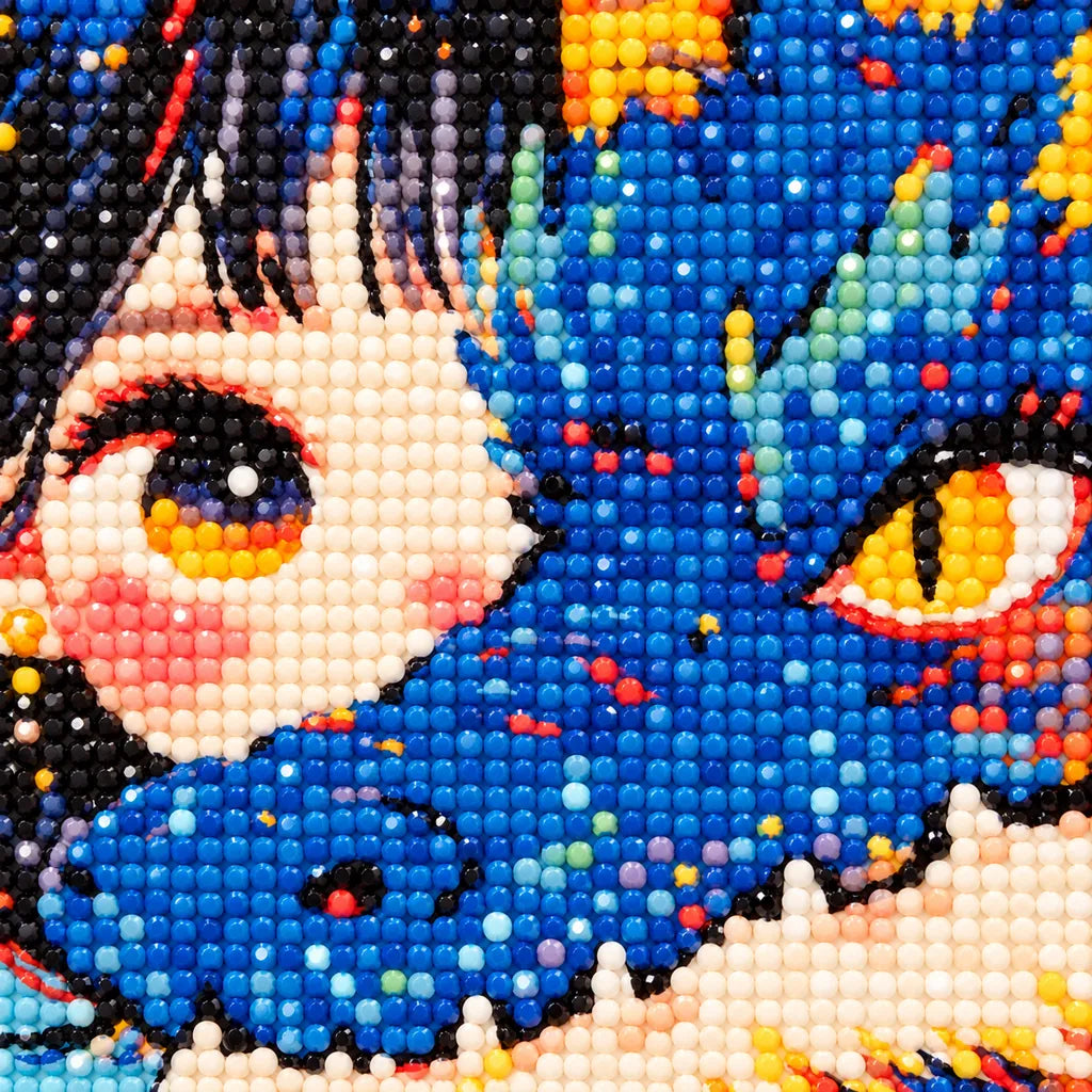 Close-up diamond drill detail of the girl's eyes and the dog's bright amber eye