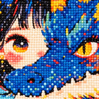 Close-up diamond drill detail of the girl's eyes and the dog's bright amber eye
