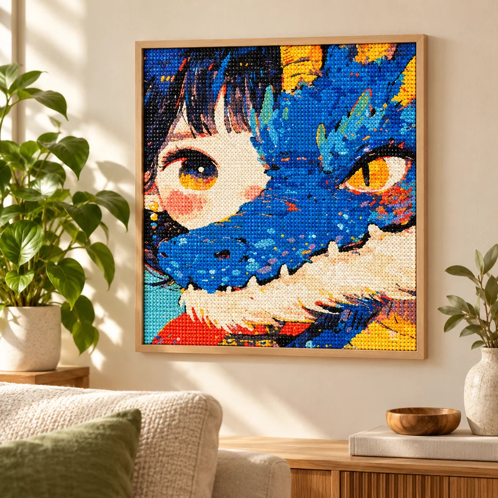 Framed blue-haired girl and dog diamond painting displayed as home decor