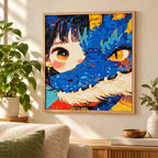 Framed blue-haired girl and dog diamond painting displayed as home decor