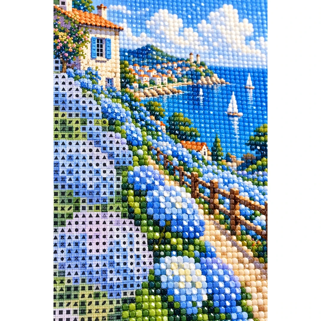 Blue Hydrangea Coastal View Diamond Painting Kit diamond and canvas detail