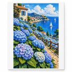 Blue Hydrangea Coastal View Diamond Painting Kit finished diamond artwork on white background