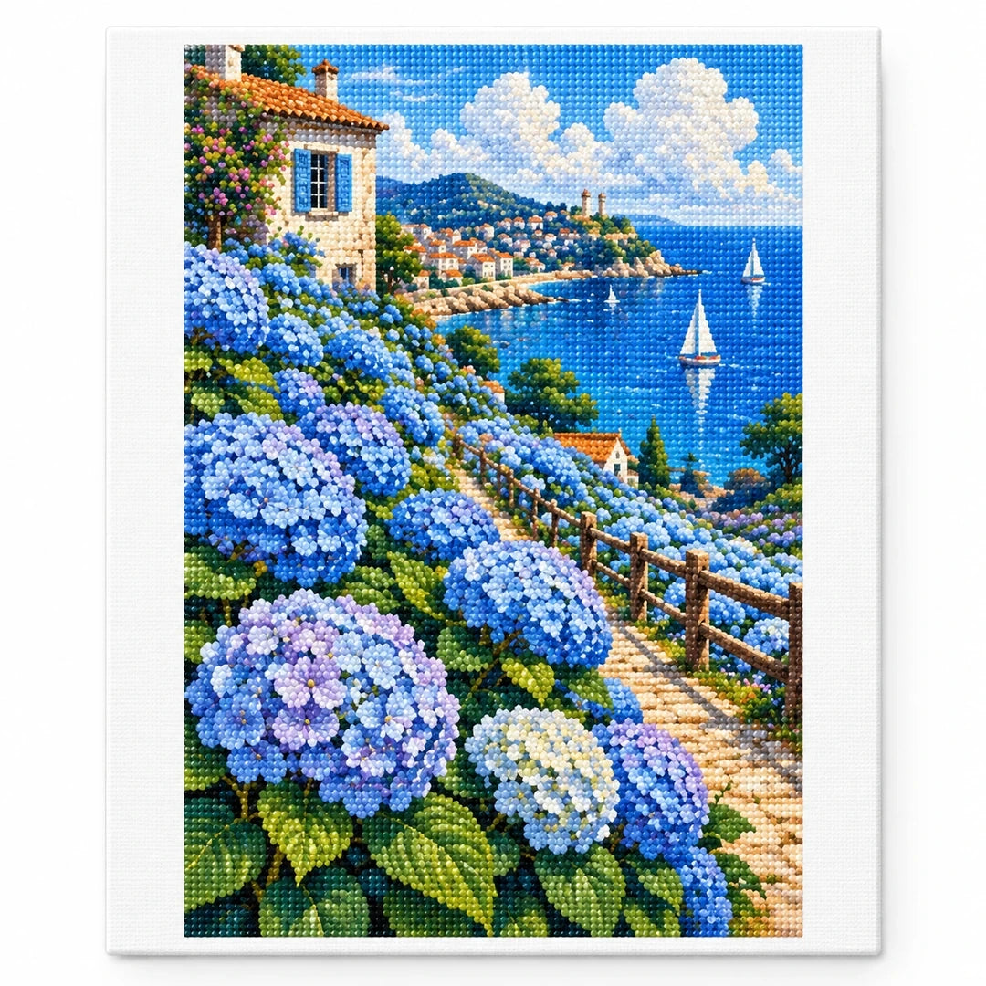 Blue Hydrangea Coastal View Diamond Painting Kit finished diamond artwork on white background